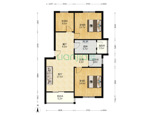 阳光澜岸 3室2厅1卫 100平方