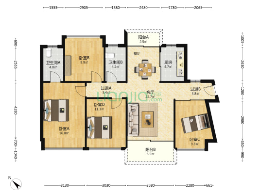 京华家和花园 4室1厅2卫 115平方