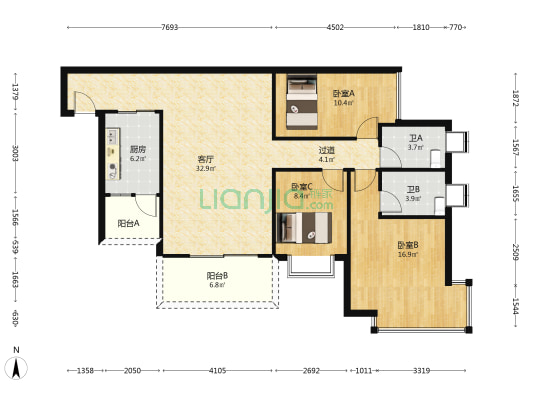 新怡花园 3室1厅2卫 116平方