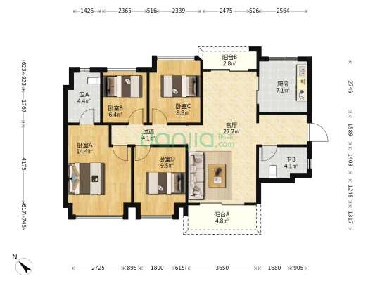 龙湖江与城 4室1厅2卫 113平方