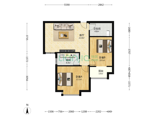 大唐金茂古运码头二期 2室1厅1卫 83平方