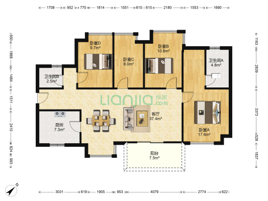 万科中央公园二期 4室1厅2卫 120平方