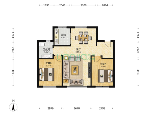 方大世纪城(锦和园) 2室1厅1卫 87平方