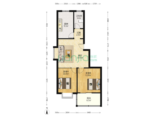 将军苑 2室1厅1卫 83平方