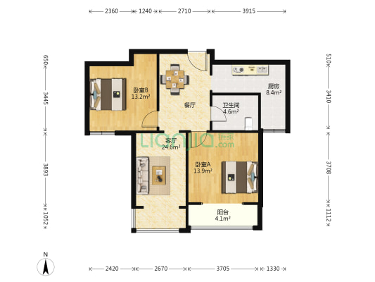 王园北里家园公寓 2室1厅1卫 95平方