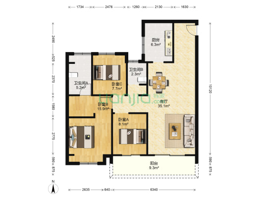 中星城际广场凯旋门 3室1厅2卫 121平方