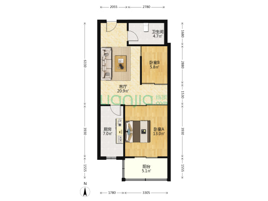 万达附近电梯房，总高7层，这是中间层，满五不唯一-户型图