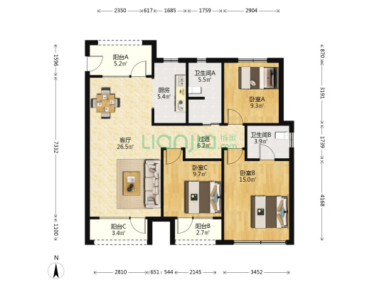 龙湖昱城四期 3室1厅2卫 128平方