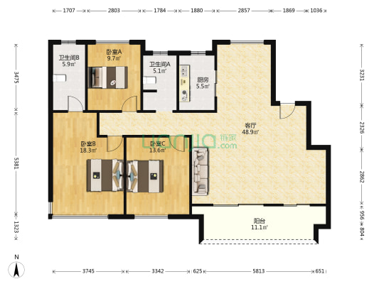 中梁山河甲第 3室1厅2卫 130平方