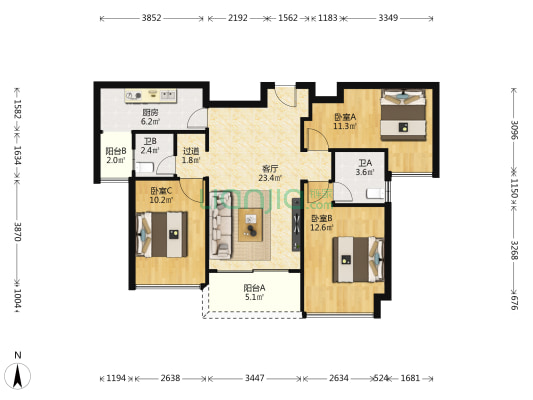 中洲府 3室1厅2卫 95平方