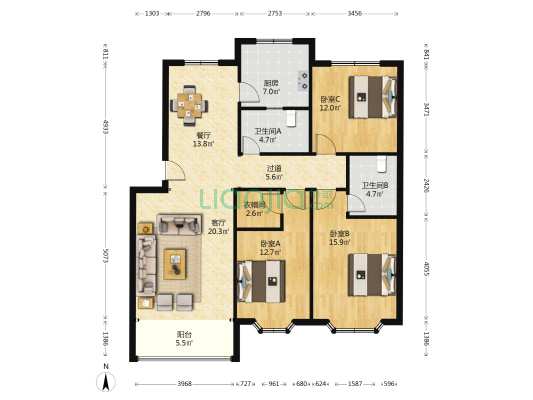锦河花苑 3室2厅2卫 127平方
