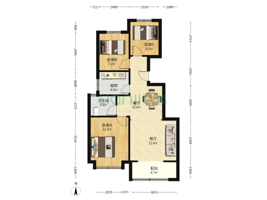 璟樾府 3室2厅1卫 93平方