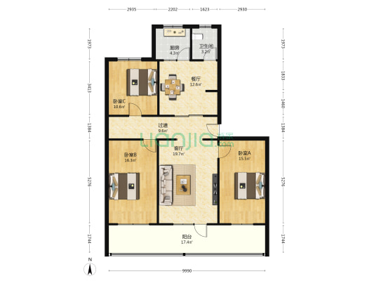 谊联街烟草宿舍 3室2厅1卫 114平方