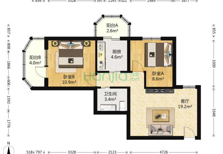 2室1廳1衛72.5㎡-北京甘露晴苑戶型圖