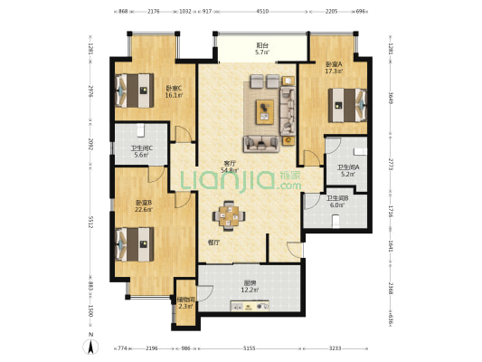 望景广场 3室1厅3卫 191平方