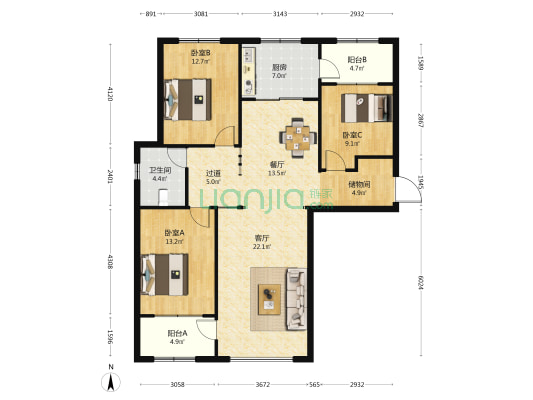 枫香湖畔怡锦园 3室2厅1卫 134平方