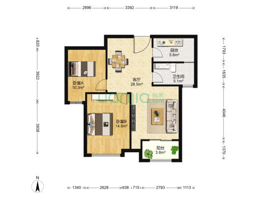 青特城A区 2室1厅1卫 92平方