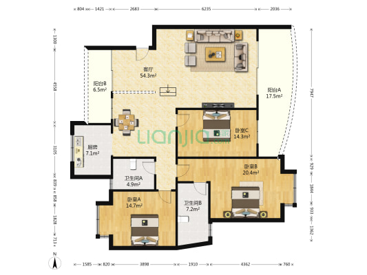 恒兴东方城市花园 3室1厅2卫 153平方