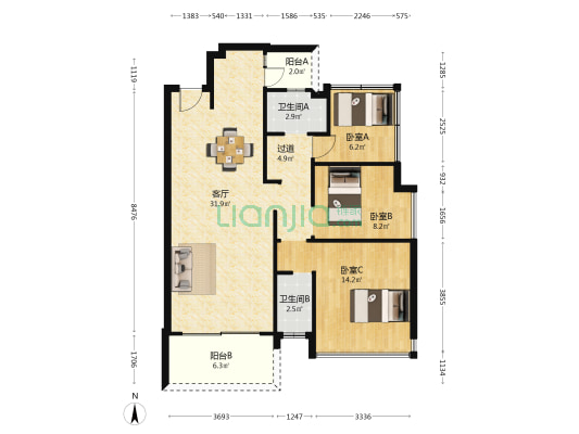 雅逸名居 3室1厅2卫 92平方