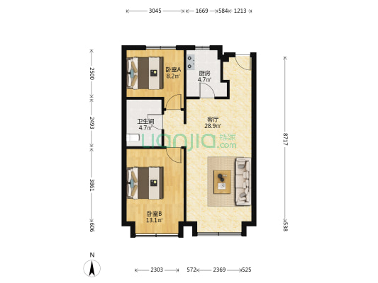 万科滨海大都会观文轩 2室1厅1卫 87平方
