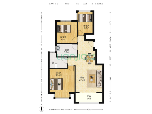 溪畔花园 3室1厅1卫 91平方