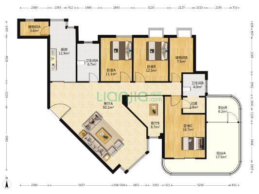 双湾国际 3室2厅2卫 169平方