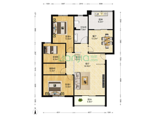 风华园东区 3室2厅1卫 141平方