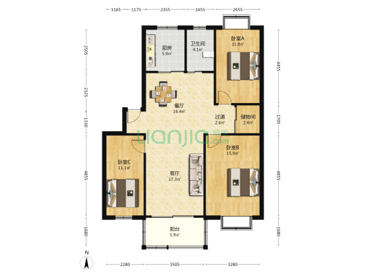 新龙佳苑 3室2厅1卫 110平方