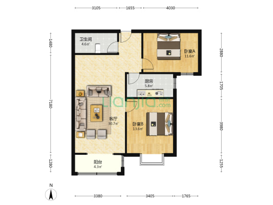 南向两居 精装修  保持的还不错-户型图