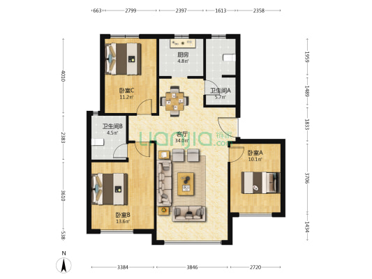 绿地香树花城二期 3室1厅2卫 109平方