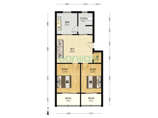 中行宿舍 2室1厅1卫 76平方