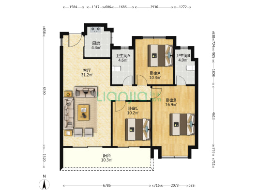 美的保利君兰锦绣花园 3室1厅2卫 118平方