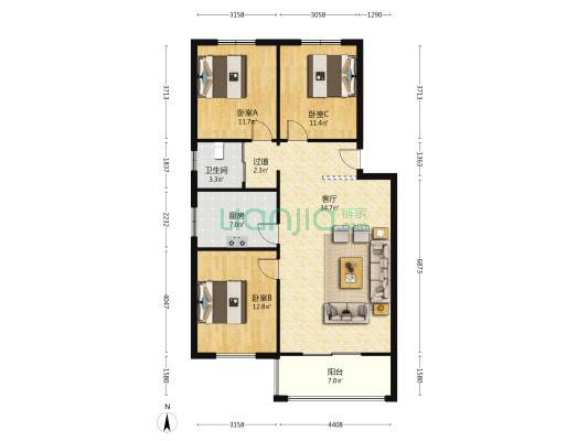 阳光公寓 3室1厅1卫 105平方