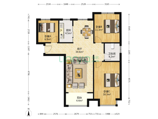 阳光城 3室1厅1卫 120平方