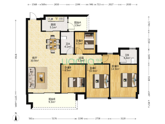 云山峰境四期 4室1厅2卫 128平方
