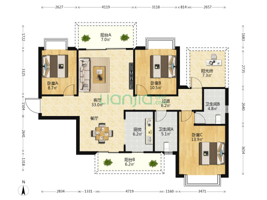 大都皓园 3室1厅2卫 118平方