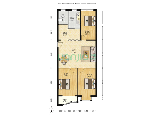 康宏大厦 3室1厅1卫 106平方