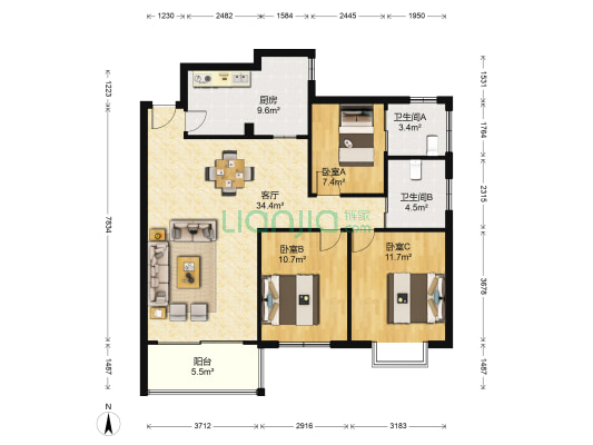 联盛国际商业广场 3室1厅2卫 110平方