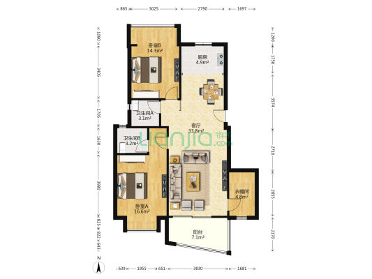 左邻右舍 2室1厅2卫 106平方