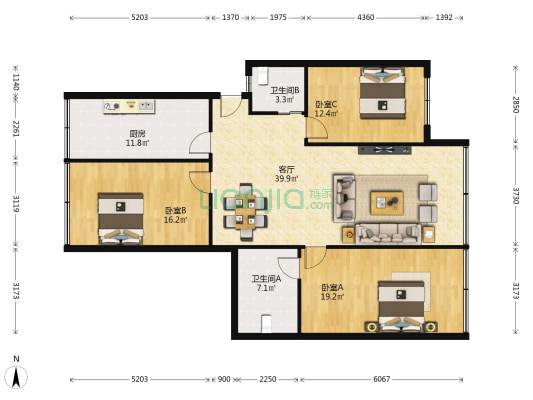 贵乌中路17号院 3室1厅2卫 131平方