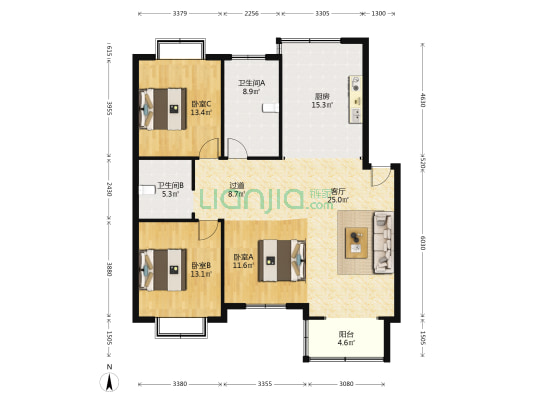 新东方家园 3室1厅2卫 125平方
