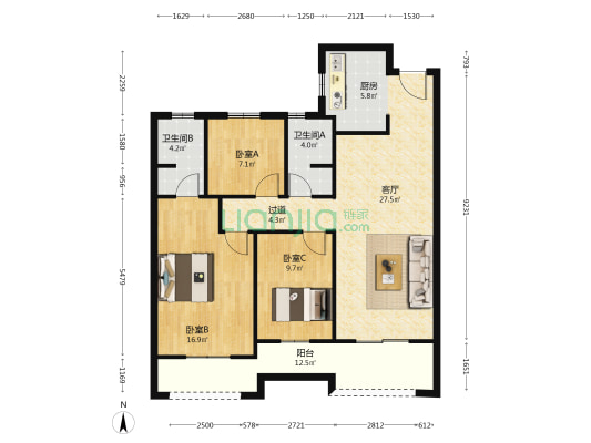 恒华金尊府 3室1厅2卫 115平方