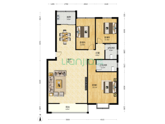 海苑居 3室1厅2卫 153平方