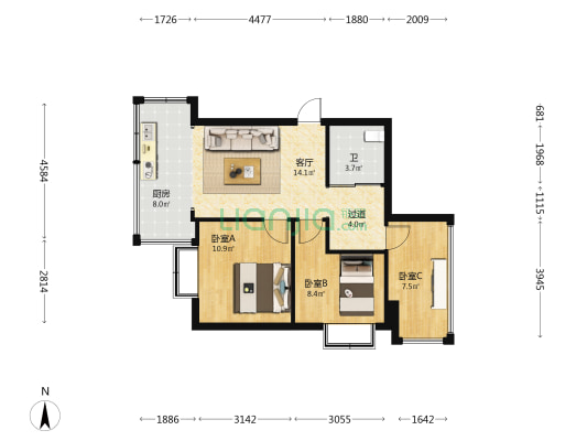 永顺里1号院 3室1厅1卫 59平方