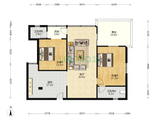 中山四路 2室1厅2卫 97平方
