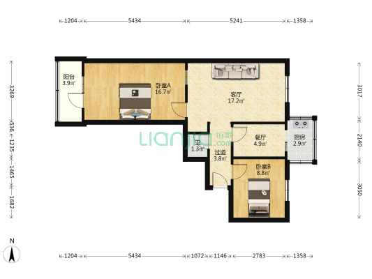 服装批发公司宿舍 2室2厅1卫 69平方