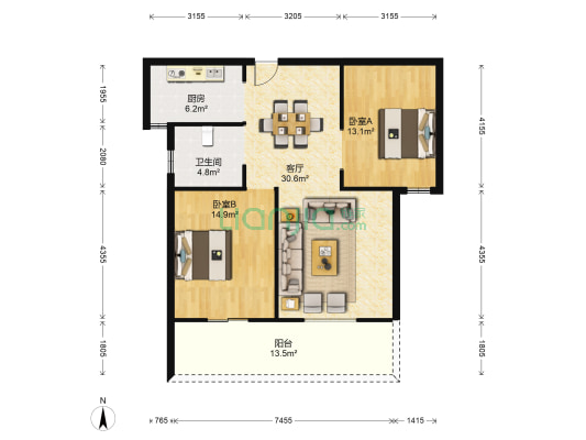 鸿基熙岸 2室1厅1卫 89平方