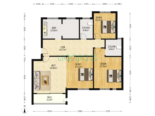 浮桥家苑一期 3室1厅2卫 135平方