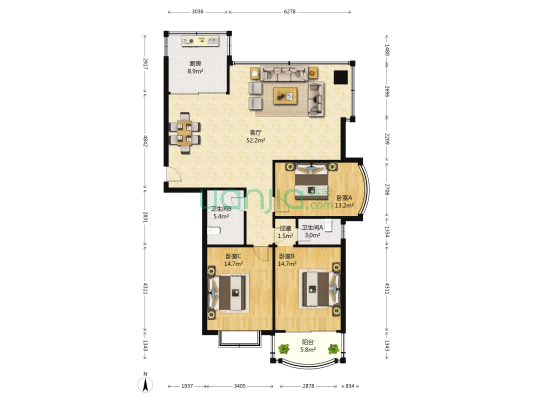 海湾花园(西镇) 3室1厅2卫 144平方