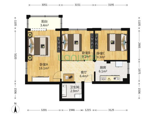 复兴路46号院 3室1厅1卫 69平方